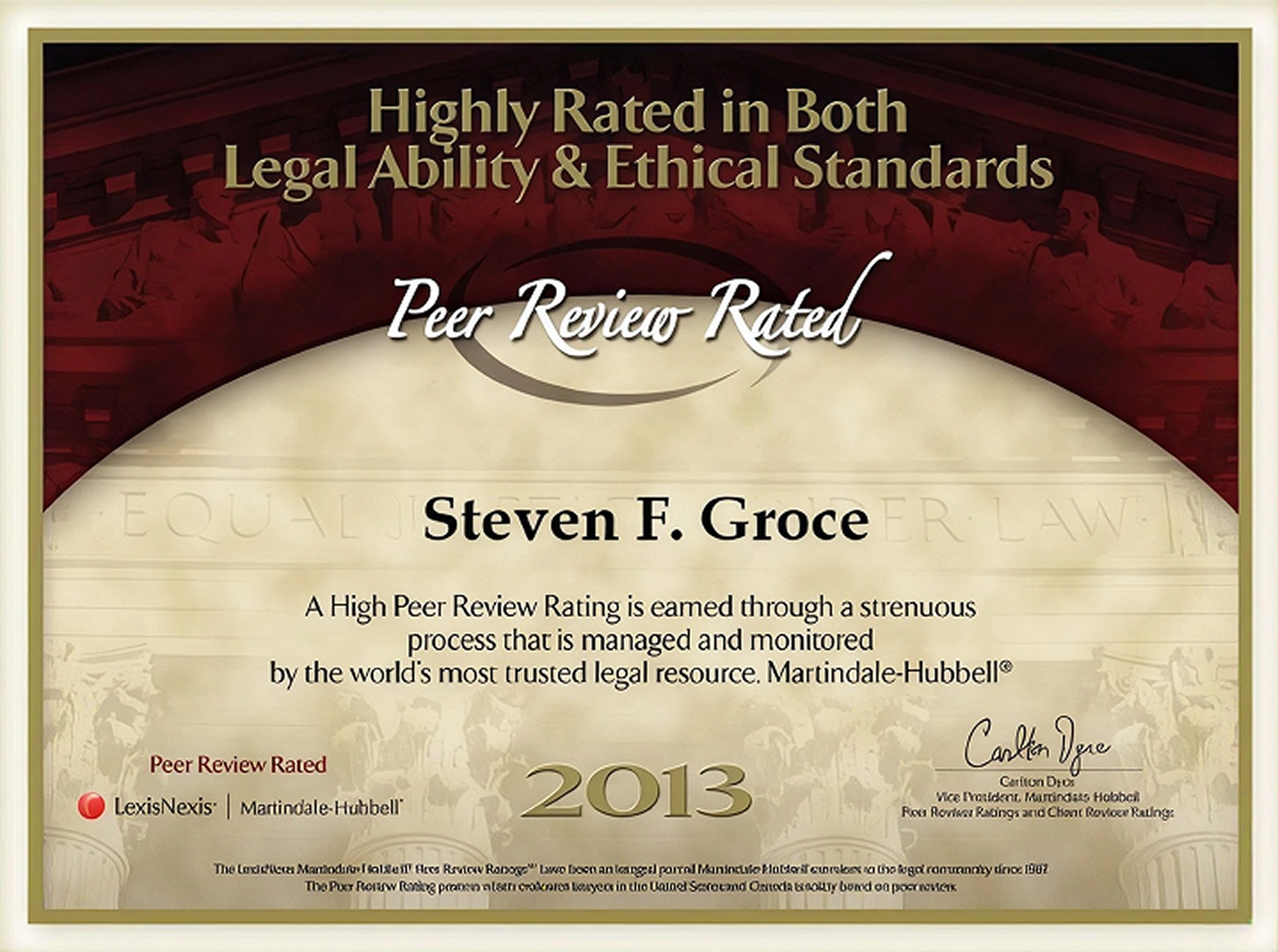 Steven F. Groce 2013 Martindale-Hubbell peer review rating certificate